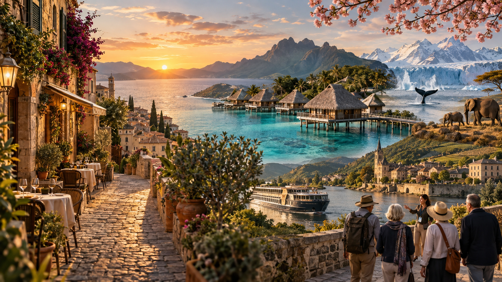 European streets, an island retreat, guided river cruising, glaciers, cherry blossoms, and safari wildlife