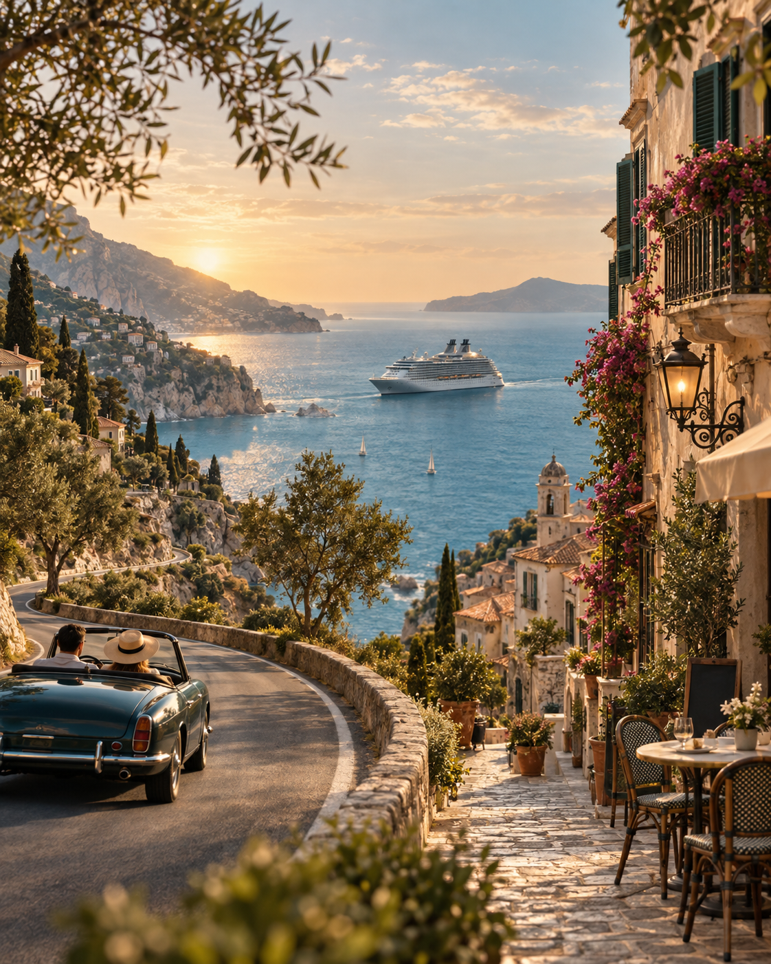 A scenic coastal road, cruise ship, and European village at golden hour